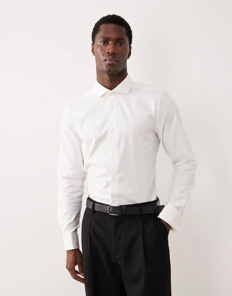  Asos Design Camisa De Vestir Blanca De Corte Slim Con Puños Dobles De Sarga Fácil De Planchar De Asos Design-blanco 