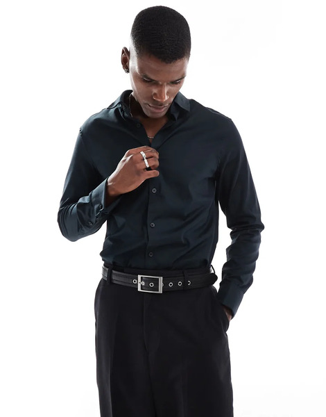  Asos Design Camisa De Vestir Negra De Corte Slim Con Detalle De Puños De Sarga Fácil De Planchar De Asos Design-negro 