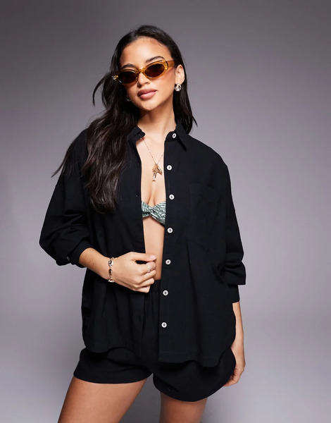  Asos Design Camisa Negra De Tejido Texturizado De Algodón Biarritz Beach De Asos Design (parte De Un Conjunto)-negro 