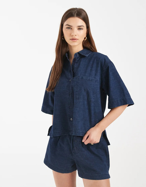  Asos Design Camisa Vaquera Azul Tinta Lavado De Corte Cuadrado De Asos Design (parte De Un Conjunto)-azul Marino 