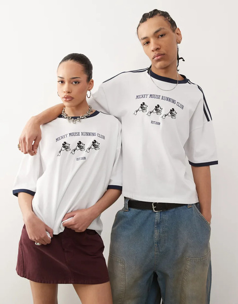  Asos Design Camiseta Blanca Unisex De Corte Cuadrado Extragrande Con Hombros Caídos, Detalle De Ribetes Y Bordado De Mickey Mouse De Disney De Asos Design-blanco 