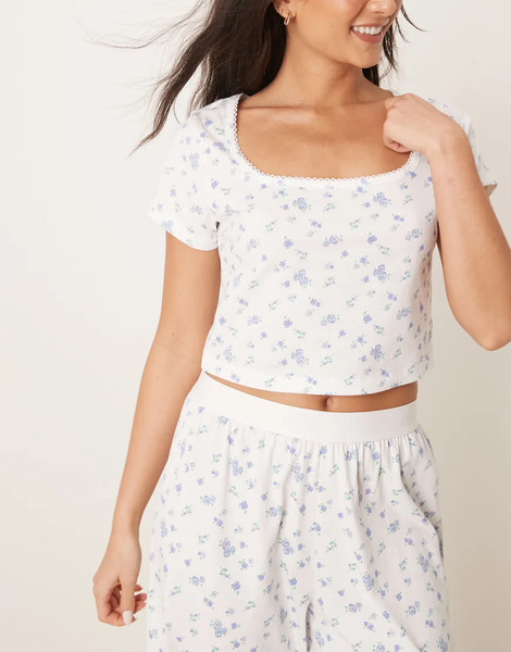  Asos Design Camiseta De Pijama Entallada Con Estampado De Florecitas Azules Y Ribete De Puntilla Mix & Match De Asos Design-blanco 