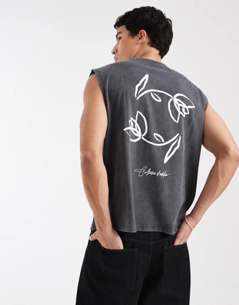  Asos Design Camiseta Gris Carbón Lavado De Corte Cuadrado Extragrande Sin Mangas Con Estampado Gráfico Floral De Tejido Grueso De Asos Design 