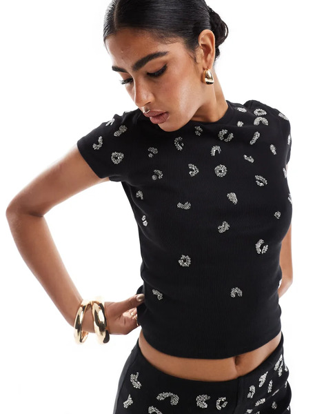  Asos Design Camiseta Negra De Canalé Con Diseño Encogido Y Patrón De Leopardo De Lentejuelas De Asos Design-negro 