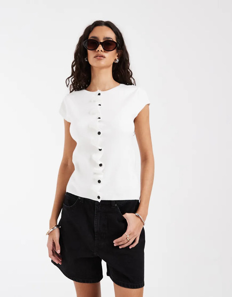  Asos Design Asos Design - Cárdigan Color Crudo Con Mangas De Casquillo Y Tapeta Fruncida De Punto Compacto-blanco 