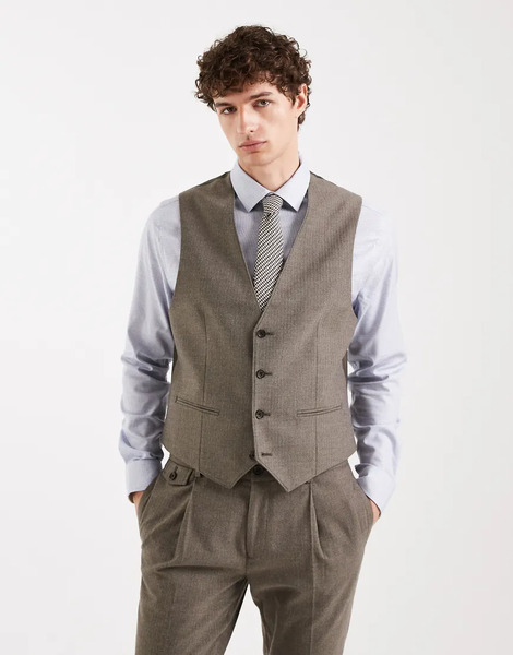  Asos Design Chaleco De Traje Caqui Entallado Con Patrón De Espiga De Franela De Tejido Efecto Lana De Asos Design-verde 