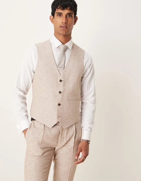  Asos Design Chaleco De Traje Marrón De Corte Slim Con Patrón De Espiga De Mezcla De Algodón Y Lino De Asos Design 