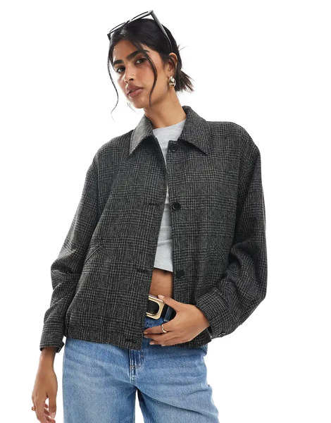  Asos Design Chaqueta A Cuadros Monocromáticos De Estilo Campero Con Bajo Tipo Bomber Y Solapas En Contraste De Asos Design-multicolor 