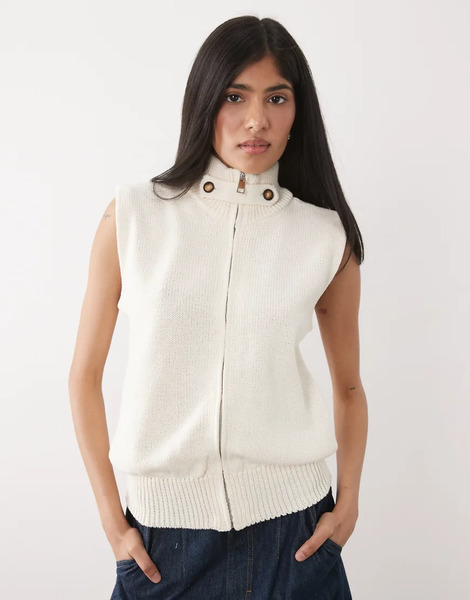  Asos Design Asos Design - Chaqueta Color Crudo Con Cuello Alzado Y Cremallera De Punto De Mezcla De Algodón-blanco 