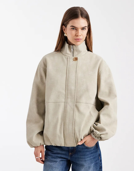  Asos Design Chaqueta Color Piedra Extragrande Con Cuello Alzado Y Bajo Abullonado De Tejido Efecto Cuero De Asos-negro 
