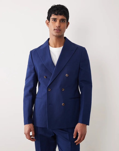  Asos Design Chaqueta De Traje Azul Marino De Corte Slim Con Doble Botonadura De Tejido Rico En Lino De Asos Design 