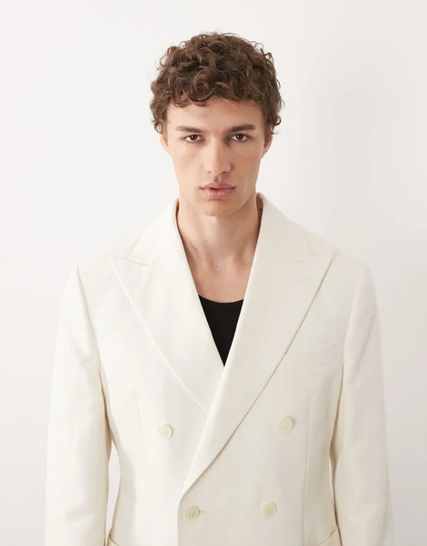  Asos Design Chaqueta De Traje Color Crema De Corte Slim Con Doble Botonadura De Tejido Rico En Lino Mix & Match De Asos Design-blanco 