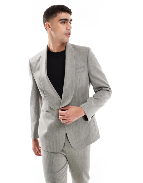  Asos Design Chaqueta De Traje Gris De Corte Slim Con Solapas Estilo Esmoquin Y Patrón De Espiga De Mezcla De Lino De Asos Design 