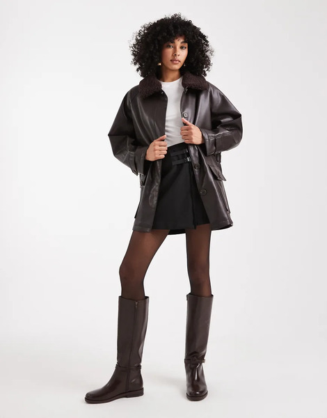  Asos Design Chaqueta Marrón Chocolate De Tejido Efecto Cuero Con Cintura Ceñida Y Solapas De Borreguito De Asos Design-brown 