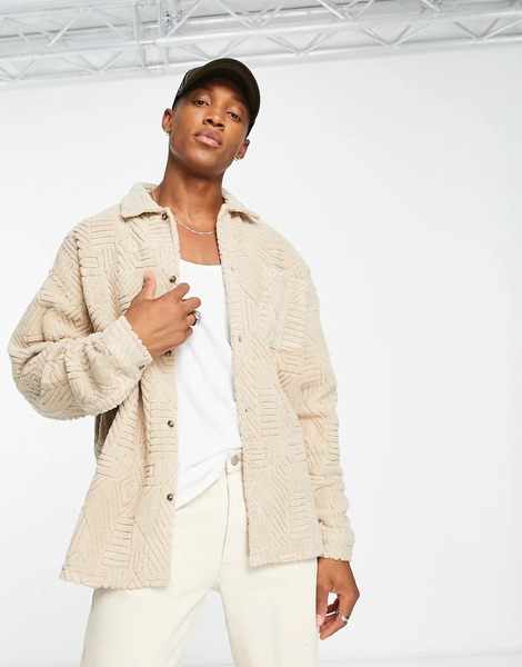  Asos Design Chaqueta Marrón Extragrande Abotonada Con Estampado Geométrico De Jacquard Texturizado De Asos Design 