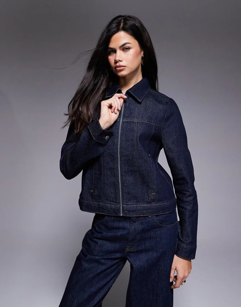  Asos Design Chaqueta Vaquera Con Lavado Enjuagado, Diseño Encogido Y Cremallera Delantera De Asos Design-azul Marino 