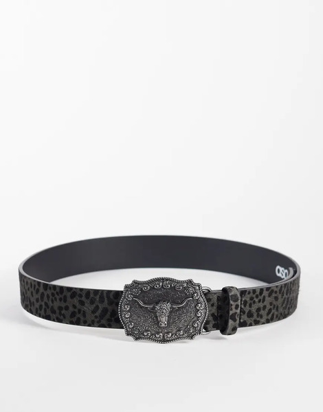  Asos Design Asos Design - Cinturón Beis De Estilo Wéstern De Piel De Vacuno Con Estampado De Leopardo Y Hebilla Plateada De Cabeza De Carnero-neutro 
