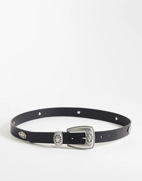  Asos Design Cinturón Negro De Cuero Sintético Con Tachuelas Y Hebilla Plateada Con Detalle Floral De Asos Design 