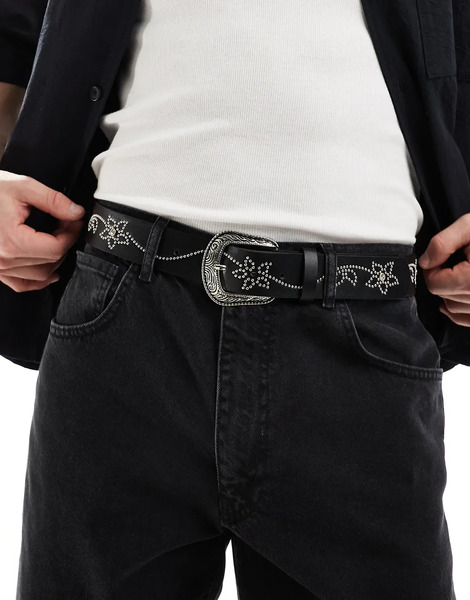  Asos Design Cinturón Negro De Estilo Wéstern De Cuero Sintético Con Tachuelas Y Detalles Florales De Asos Design 