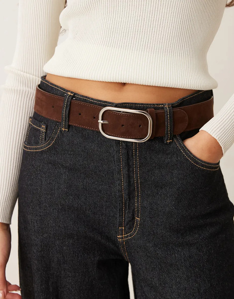  Asos Design Cinturón Para Vaqueros Tostado Oscuro De Antelina Con Hebilla Plateada Cuadrada Alargada De Asos Design-brown 