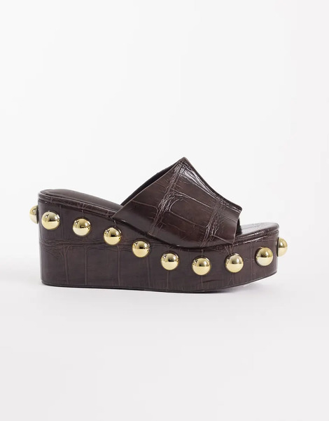  Asos Design Cuñas Marrón Chocolate Efecto Piel De Cocodrilo Con Tachuelas Extragrandes Tessa De Asos Design-brown 