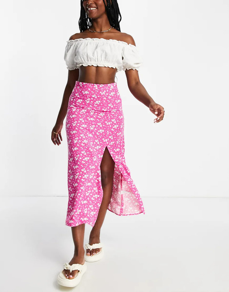  Asos Design Falda Lencera Midi Rosa Con Estampado De Florecitas Y Abertura En El Muslo De Asos Design-multicolor 
