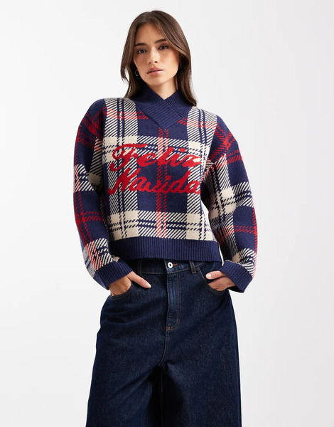  Asos Design Jersey Azul Marino A Cuadros De Corte Cuadrado Con Estampado feliz Navidad Y Cuello De Pico Subido De Asos Design 