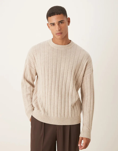  Asos Design Jersey Beis Jaspeado Extragrande Con Cuello Redondo De Punto De Canalé De Lana De Cordero De Asos Design-neutro 
