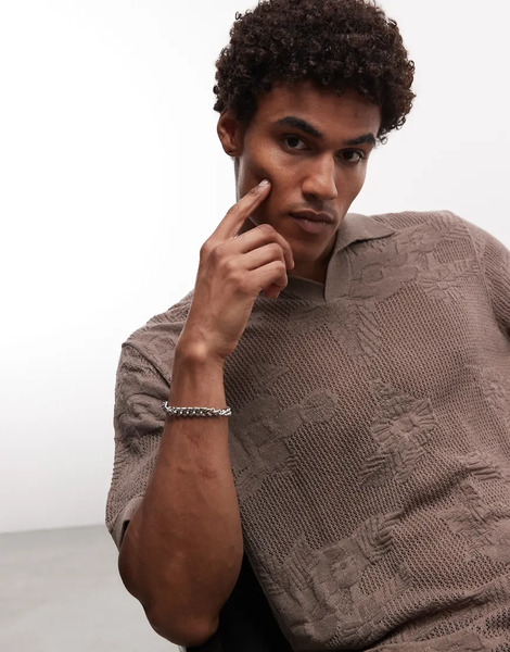  Asos Design Asos Design - Jersey Marrón Extragrande Con Cuello De Muesca Y Estampado Floral Texturizado De Punto 