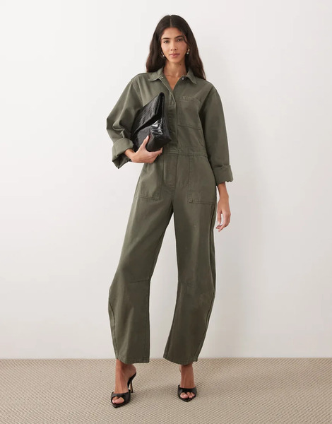  Asos Design Mono Vaquero Caqui De Estilo Worker De Pernera Barrel De Asos Design-verde 