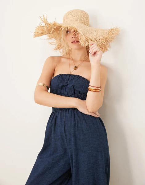  Asos Design Mono Vaquero Largo Sin Tirantes De Pernera Ancha Con Lavado Enjuagado Y Cintura Fruncida De Denim Suave De Asos Design-azul 
