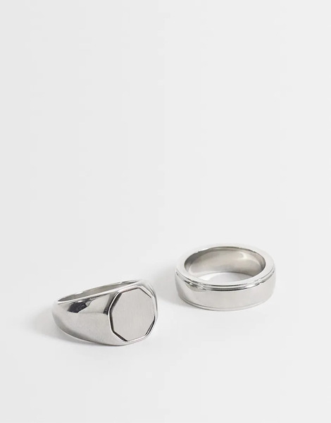  Asos Design Pack De 2 Anillos Plateados Tipo Sello Con Parte Superior Octogonal Y Acabado Cepillado De Acero Inoxidable Resistente Al Agua De Asos Design 