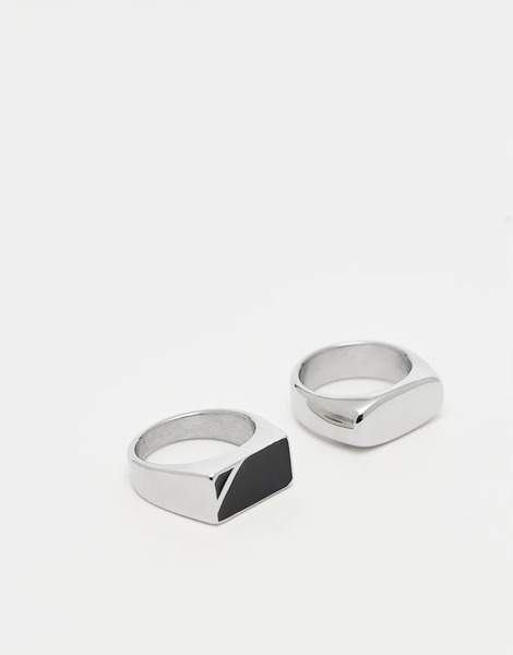  Asos Design Pack De 2 Anillos Plateados Tipo Sello De Acero Inoxidable Resistente Al Agua Con Piedra Negra De Asos Design 