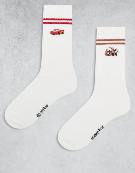  Asos Design Pack De 2 Pares De Calcetines Blancos Con Bordado De Rayo Mcqueen Y Mate De Disney Pixar De Asos Design 