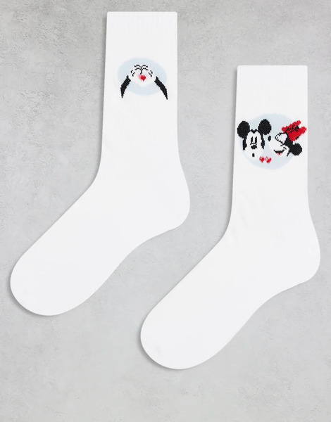  Asos Design Pack De 2 Pares De Calcetines Blancos Con Diseños Gráficos De Mickey Y Minnie De Disney De Asos Design 