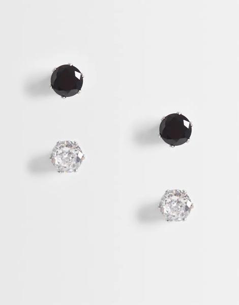  Asos Design Pack De 2 Pares De Pendientes De Botón Plateados Con Diseño De Piedra Negra Y Cristal De Acero Inoxidable Resistente Al Agua De Asos Design 