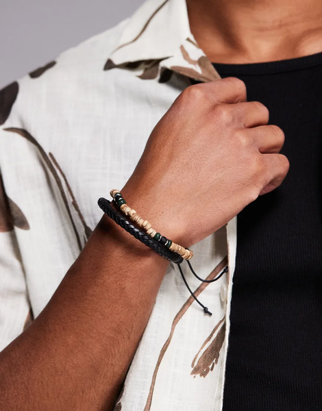  Asos Design Pack De 2 Pulseras De Colores Para Festivales De Cuero Y Cuentas De Madera De Asos Design-multicolor 