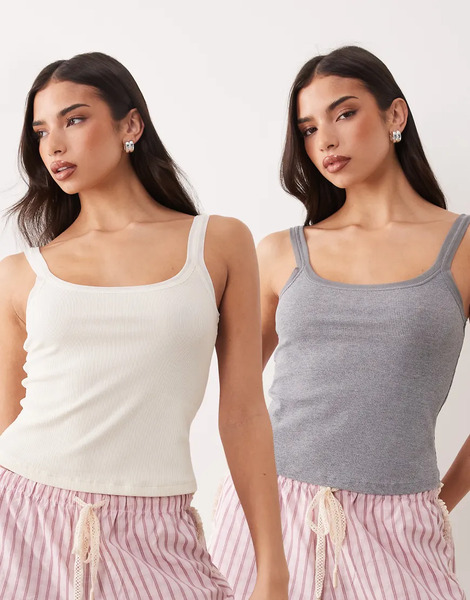  Asos Design Pack De 2 Tops De Pijama Color Crema Y Grises De Tirantes Con Ribete De Malla De Asos Design-multicolor 