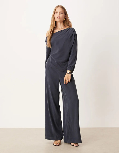  Asos Design Pantalones Azul Tinta Lavado De Pernera Ancha Con Parte Delantera Lisa De Asos Design (parte De Un Conjunto)-azul Marino 