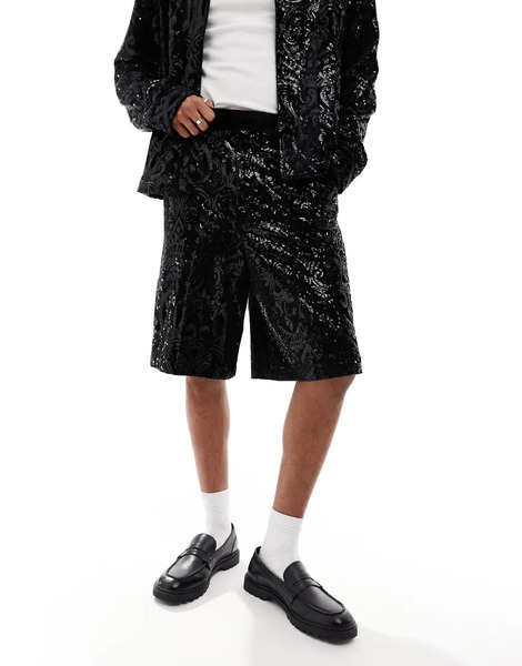  Asos Design Pantalones Cortos De Vestir Negros De Corte Alargado De Lentejuelas De Asos Design (parte De Un Conjunto) 