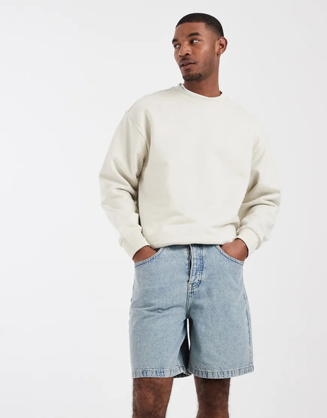  Asos Design Pantalones Cortos Vaqueros Azules De Corte Alargado Con Lavado Envejecido De Asos Design Circular Design Collection 