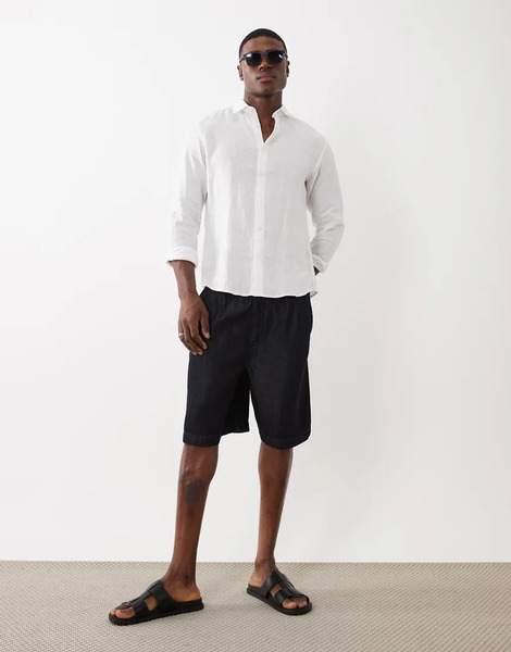  Asos Design Asos Design - Pantalones Cortos Vaqueros Azules De Largo Medio Sin Cierres Con Lavado Oscuro De Mezcla De Lino-azul Marino 