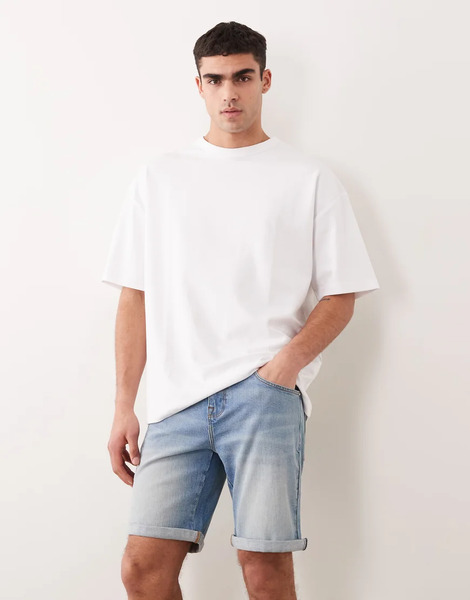 Asos Design Pantalones Cortos Vaqueros Azules Elásticos De Corte Slim Y Largo Estándar Con Lavado Claro De Asos Design 