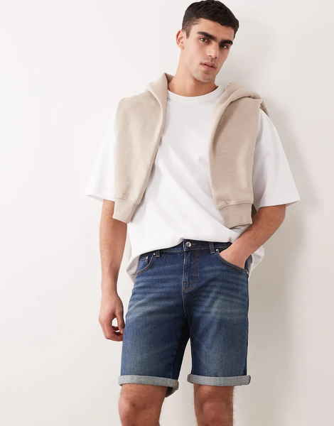  Asos Design Pantalones Cortos Vaqueros Azules Elásticos De Corte Slim Y Largo Estándar Con Lavado Medio De Asos Design-azul Marino 