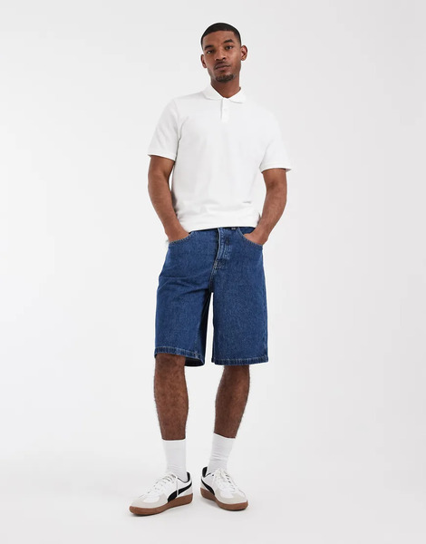  Asos Design Pantalones Cortos Vaqueros De Corte Alargado Con Lavado Azul Medio De Asos Design Circular Design Collection 