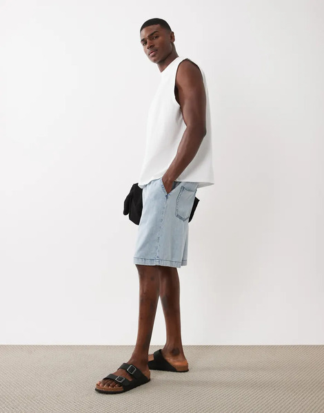  Asos Design Asos Design - Pantalones Cortos Vaqueros De Largo Medio Sin Cierres Con Lavado Azul Claro De Mezcla De Lino 