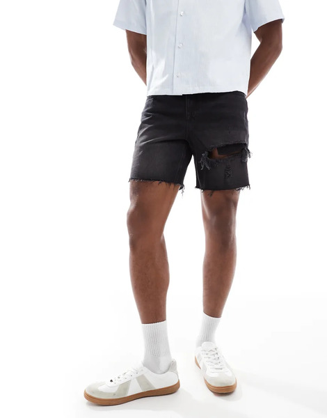 Asos Design Pantalones Cortos Vaqueros De Largo Medio Y Corte Slim Con Lavado Negro Y Diseño Rasgado De Asos Design 