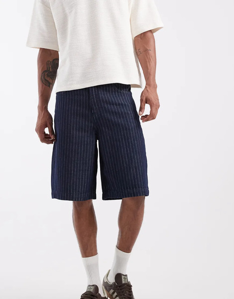  Asos Design Asos Design - Pantalones Cortos Vaqueros Ligeros De Corte Alargado Suelto Con Lavado Azul Oscuro A Rayas 