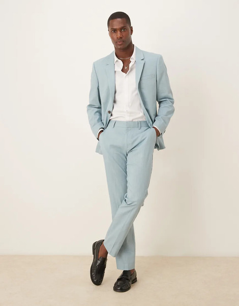  Asos Design Pantalones De Traje Azul Claro De Corte Slim Con Pinzas Delanteras De Tejido Efecto Lino De Asos Design 