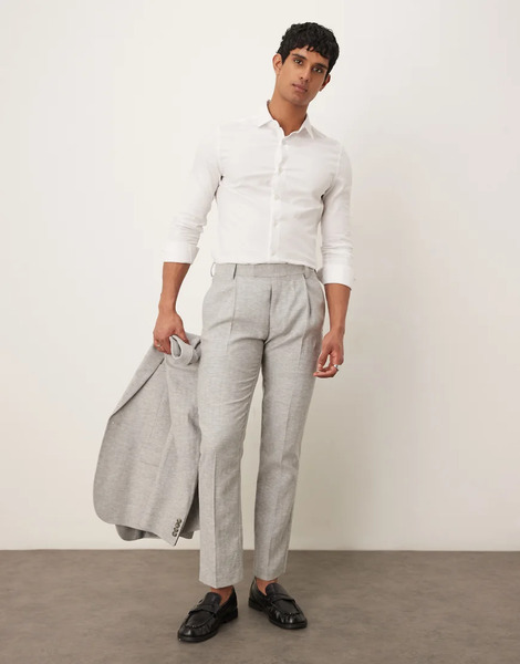  Asos Design Pantalones De Traje Grises De Corte Slim Con Patrón De Espiga De Mezcla De Algodón Y Lino De Asos Design 